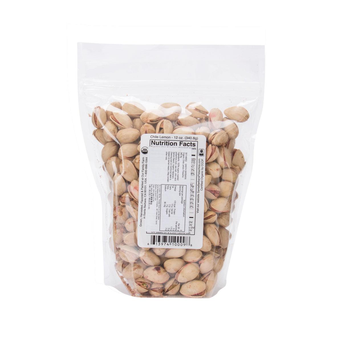 Organic pistachios bag with nutrition facts label on back