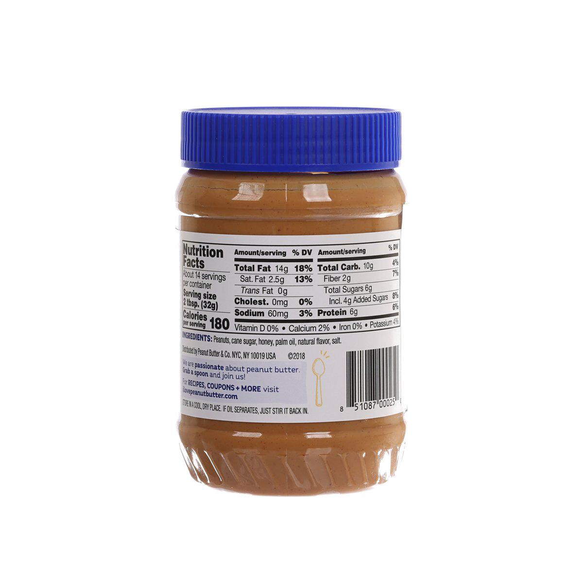 Peanut butter spread jar with back label nutrition facts and barcode