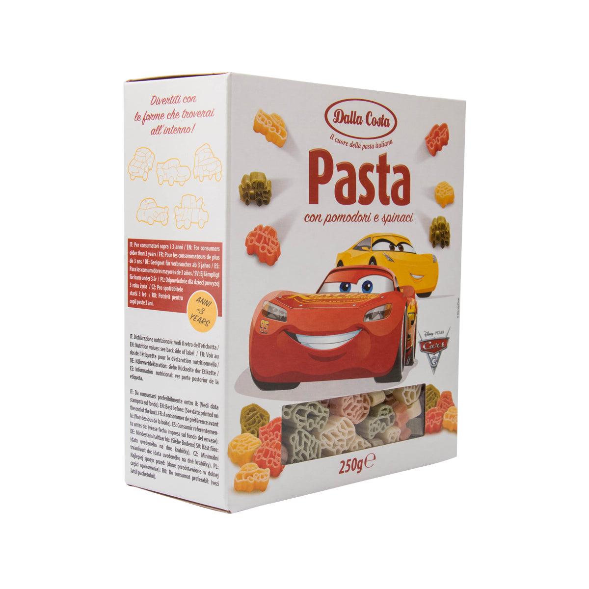 Dalla Costa Cars pasta box side with nutrition and ingredients text, 250g