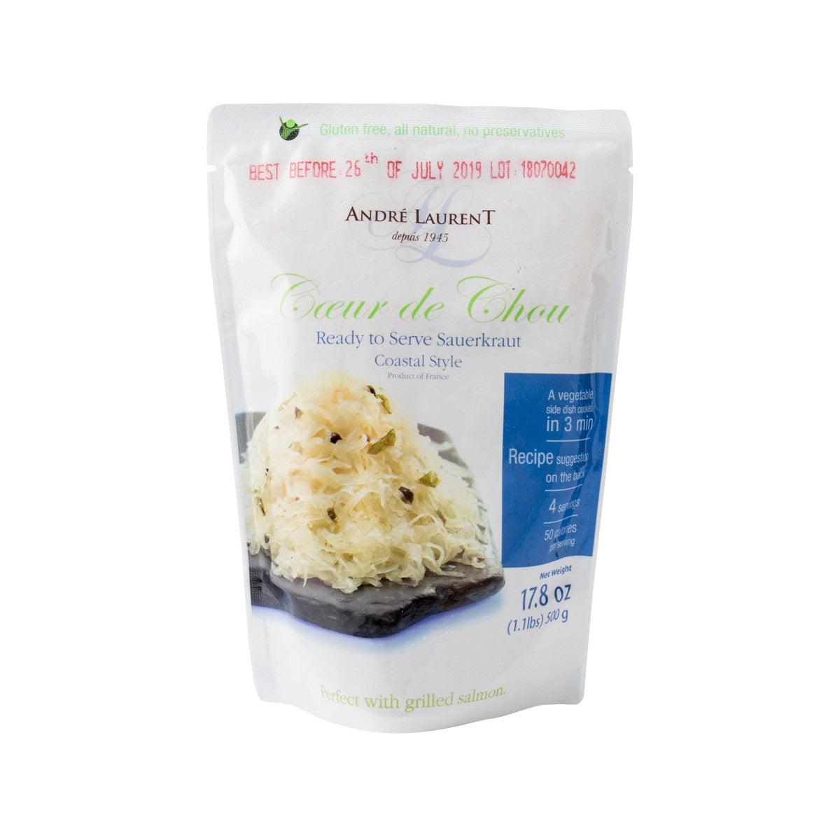 ANDRE LAURENT ready-to-serve sauerkraut pouch with front label and serving photo