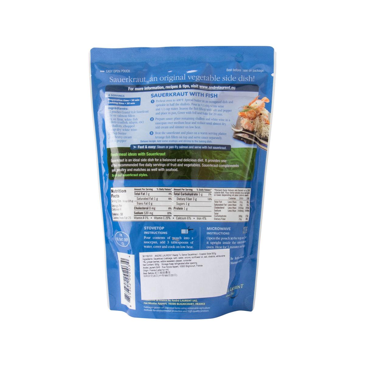 ANDRE LAURENT sauerkraut pouch back with blue ingredient and nutrition label panel