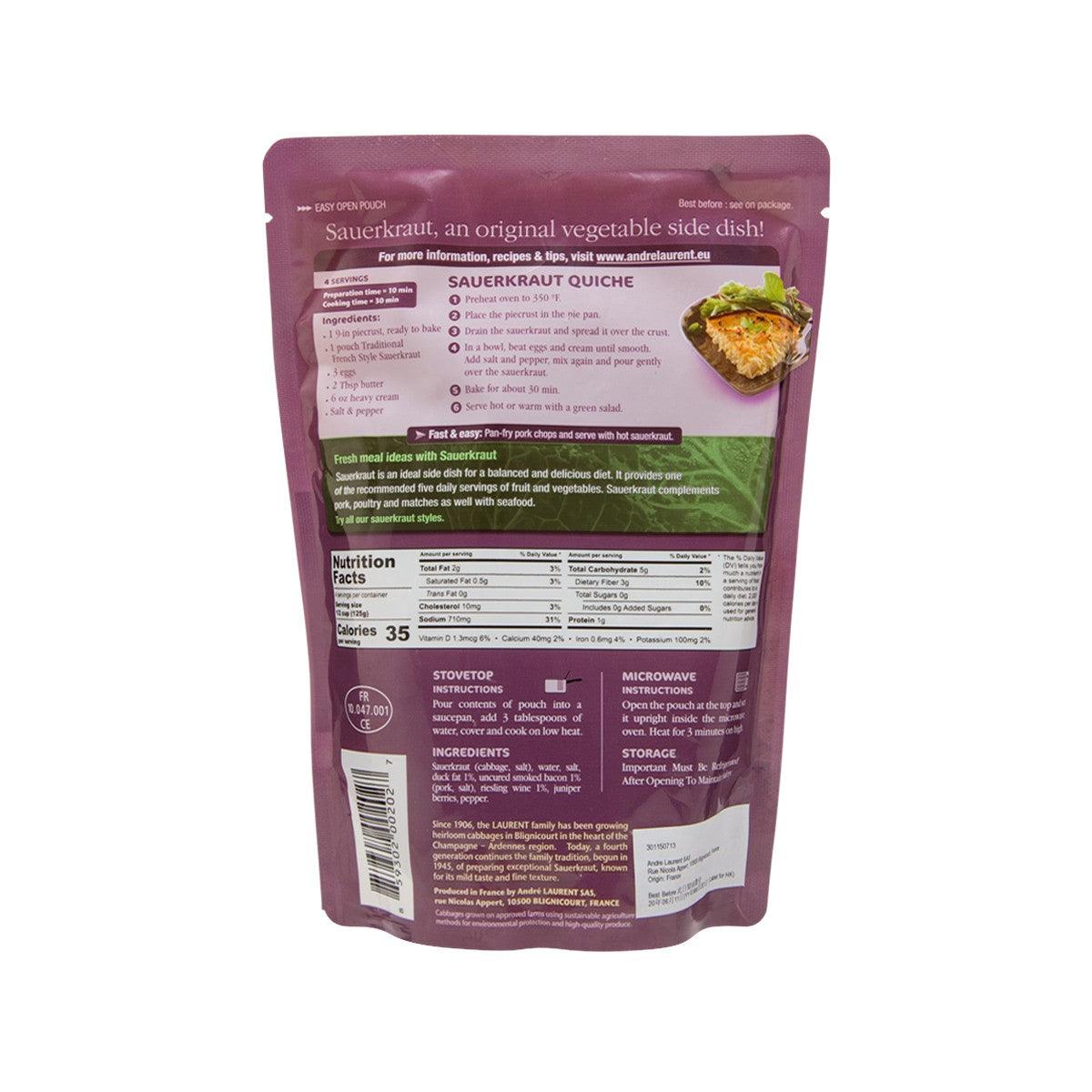 ANDRE LAURENT sauerkraut pouch back with nutrition facts and cooking instructions