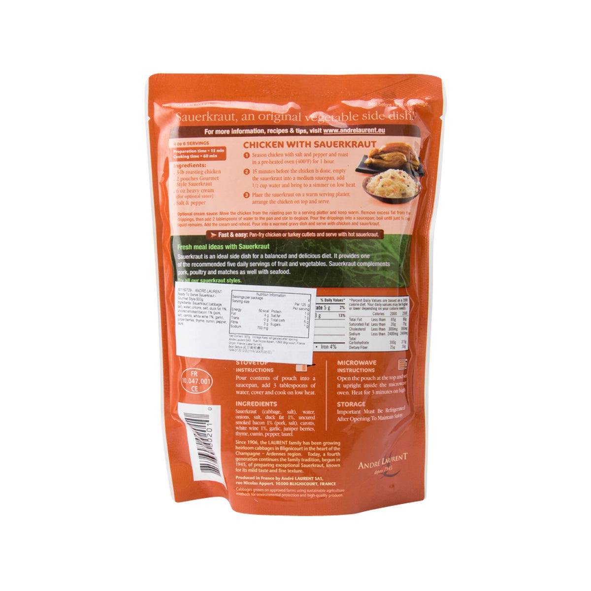 ANDRE LAURENT sauerkraut gourmet style back pouch with ingredients and nutrition