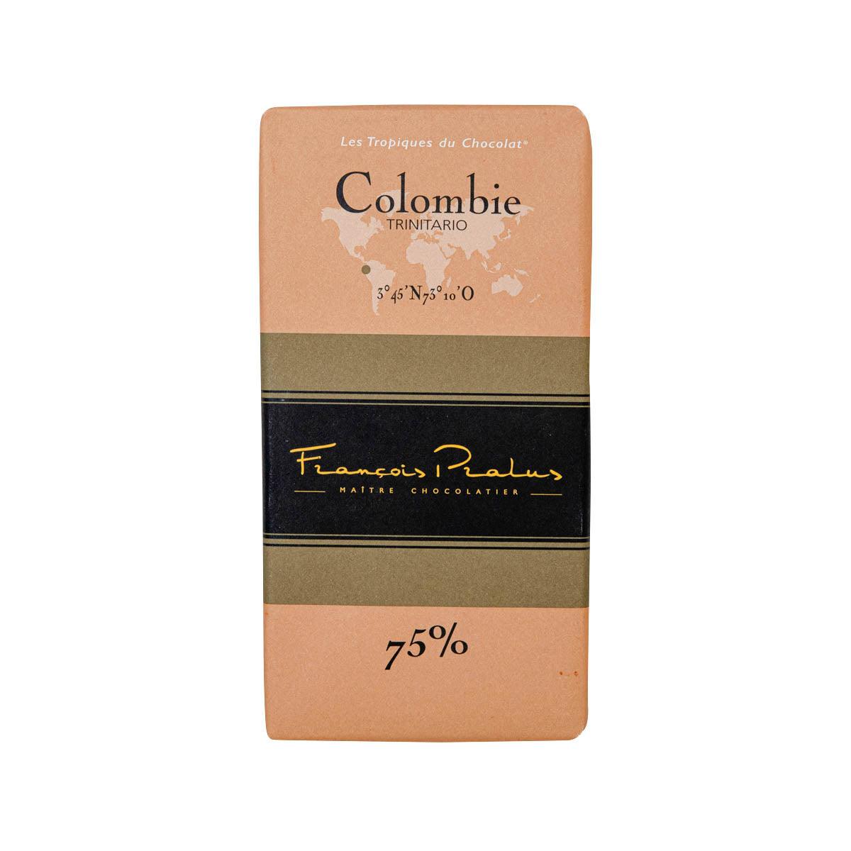 Chocolate bar package with Colombia Trinitario 75% label, brown and gold front