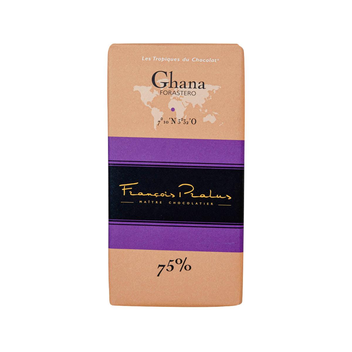 Ghana Forastero 75% dark chocolate bar in brown and purple wrapper (100g)