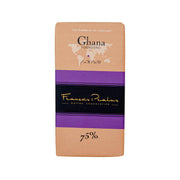 Ghana Forastero 75% dark chocolate bar in brown and purple wrapper (100g)