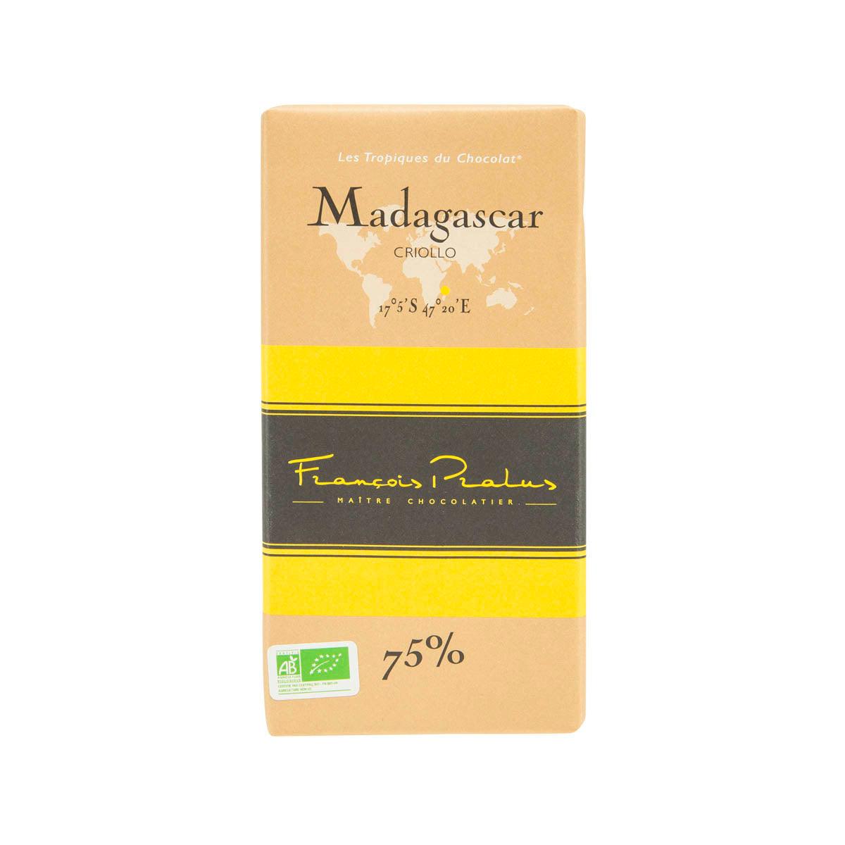 Organic 75% dark chocolate bar, kraft paper package with front label