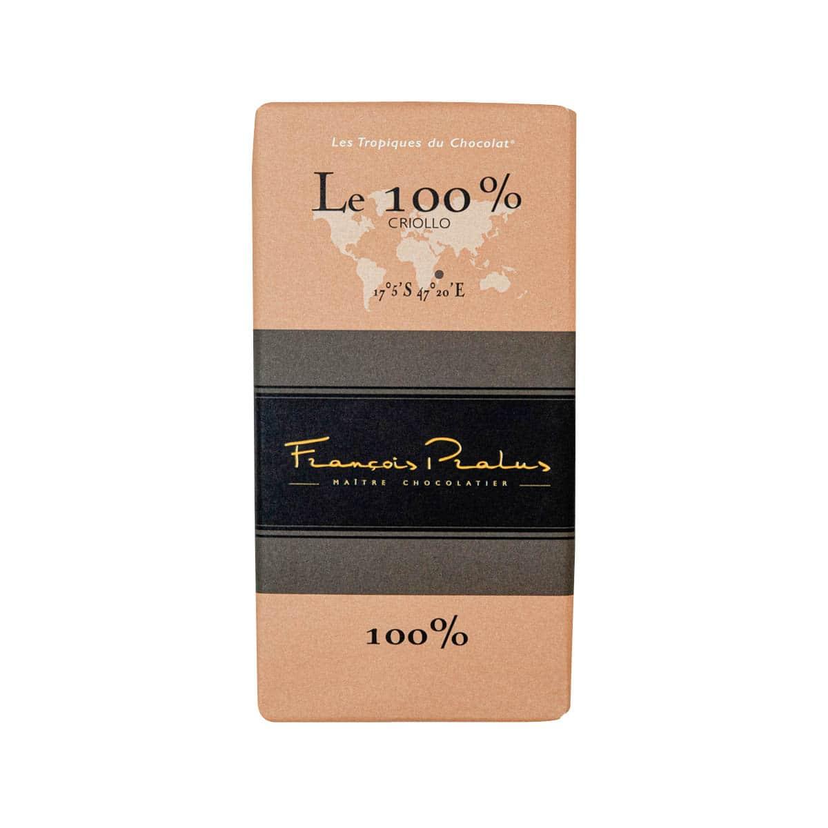 Organic 100% criollo chocolate bar in brown paper wrapper, front label