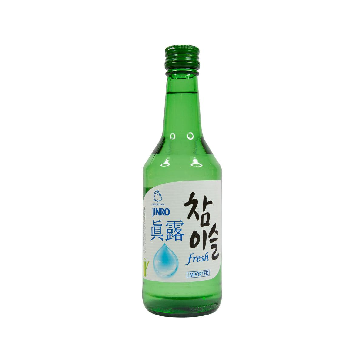JINRO fresh soju bottle, green glass with green cap, 360 mL