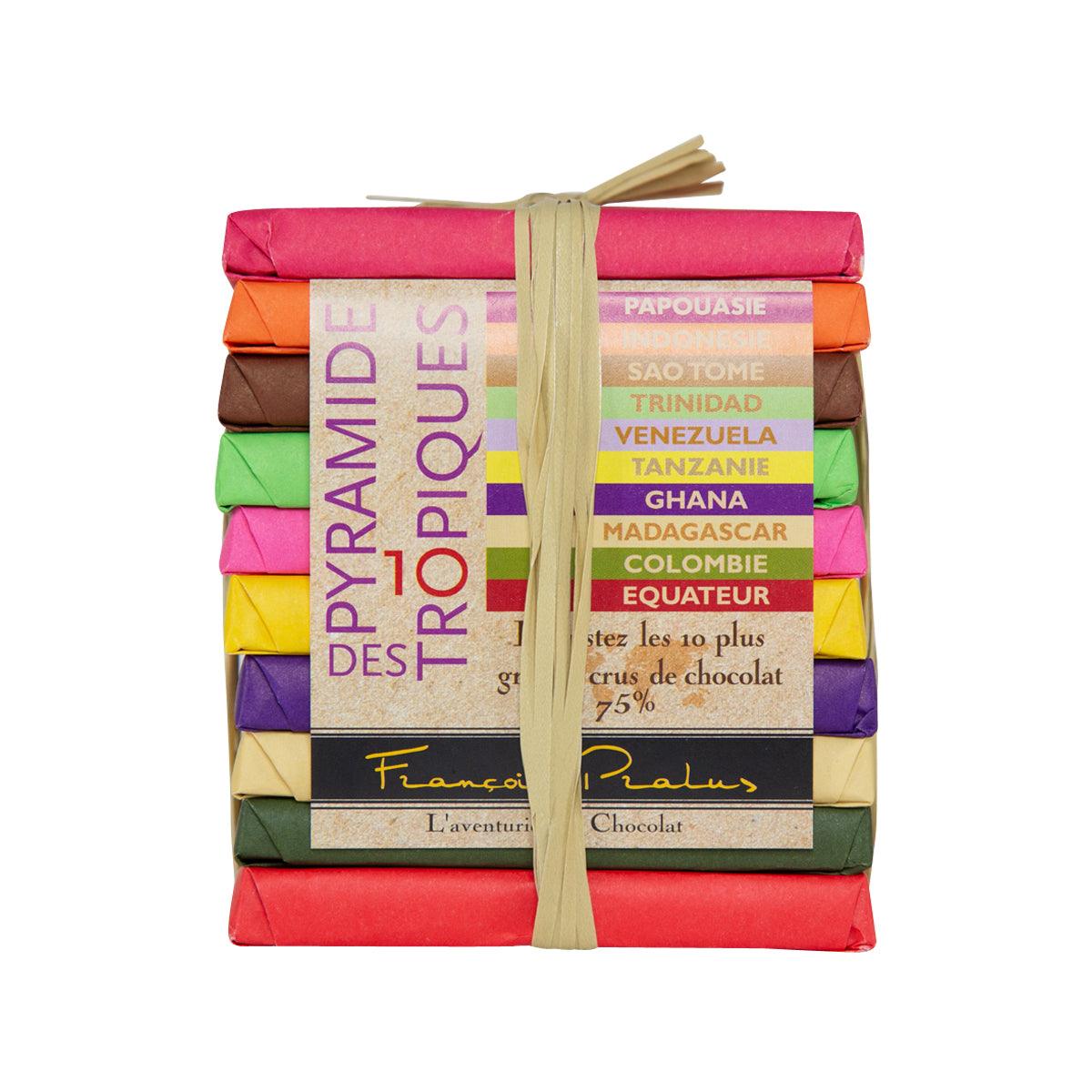 Colorful pyramid chocolate assortment in wrapped box with beige ribbon