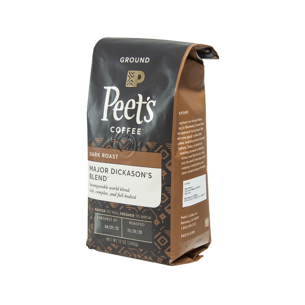 Peet's ground coffee bag, dark roast, side view with label