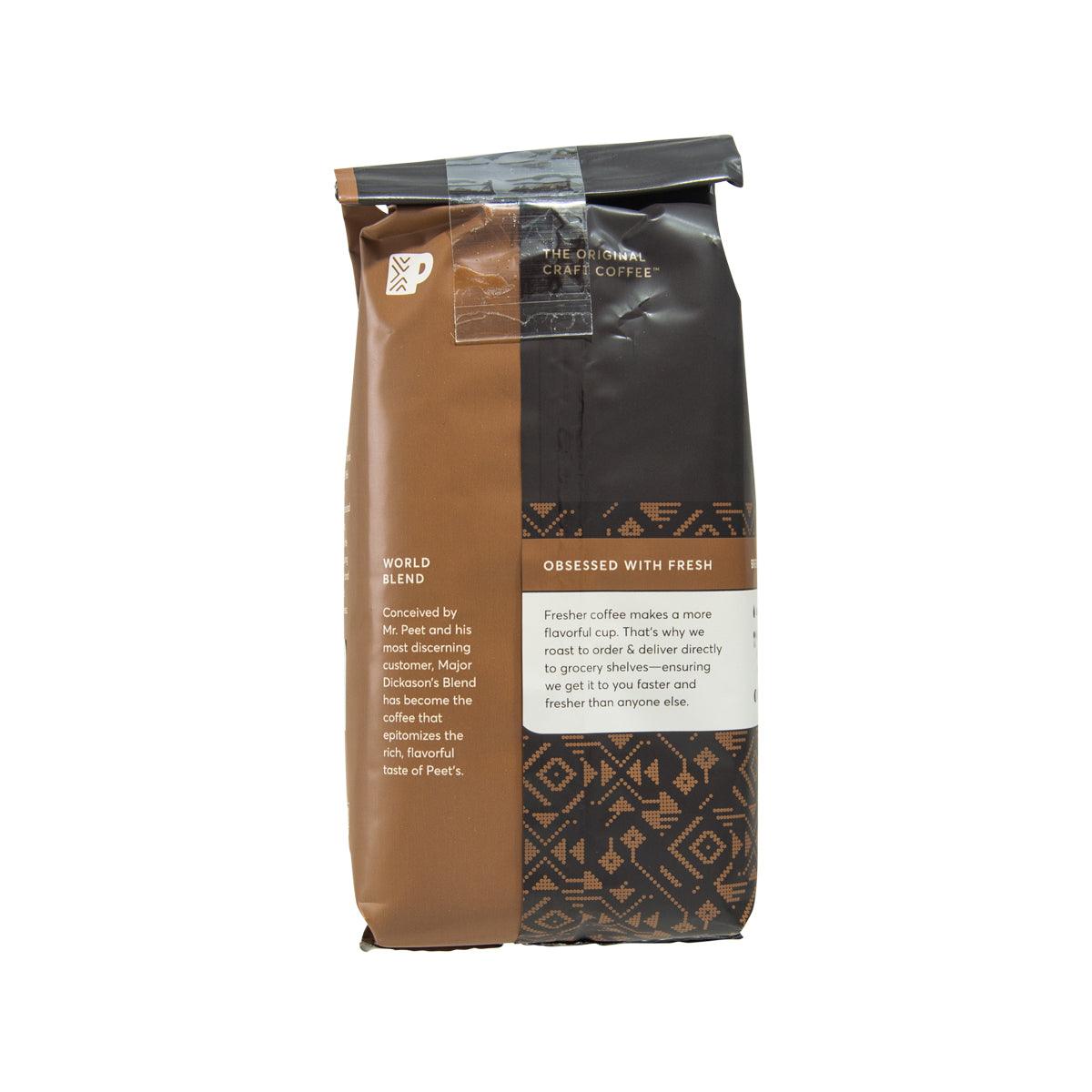 Peet's ground coffee bag, dark roast, back panel with description text