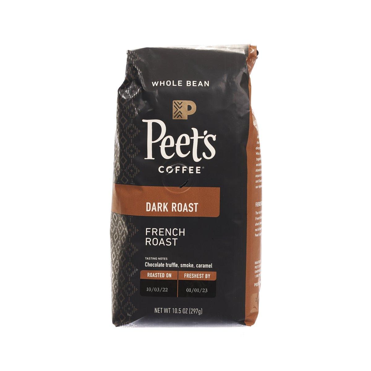 Peet's French roast whole bean dark roast coffee bag, front label, 297g