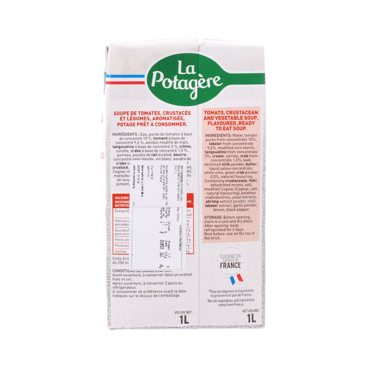 Lobster bisque soup carton, 1L, back panel with ingredients and directions