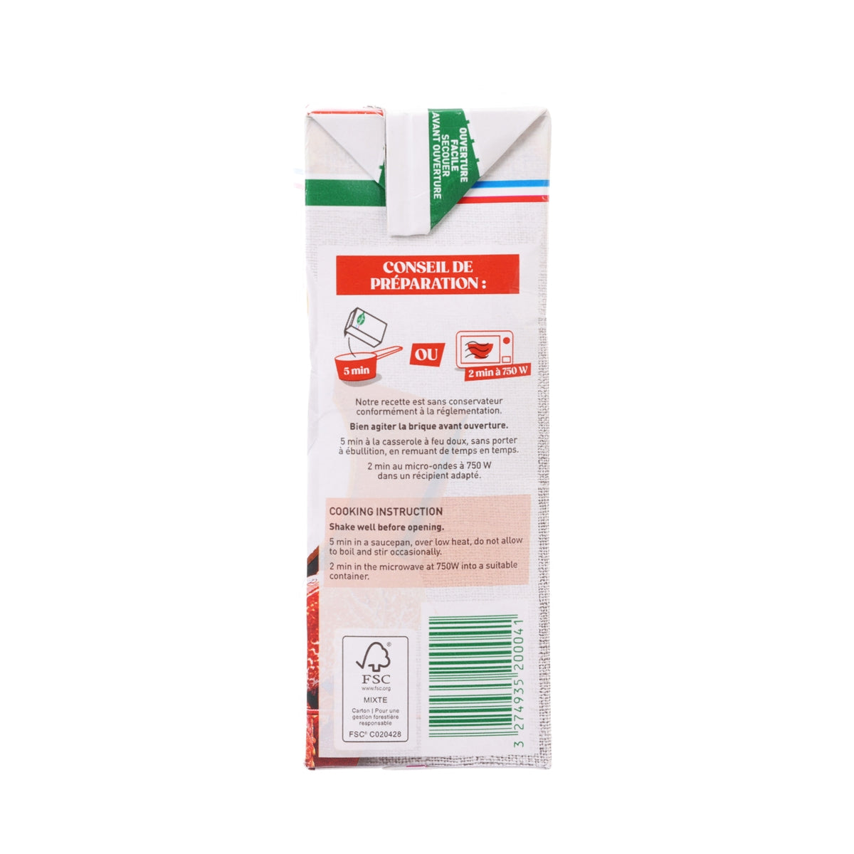 Lobster bisque soup carton, 1L, preparation and cooking instructions panel