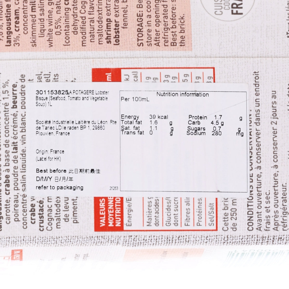 Lobster bisque soup carton nutrition facts label, per 100 ml