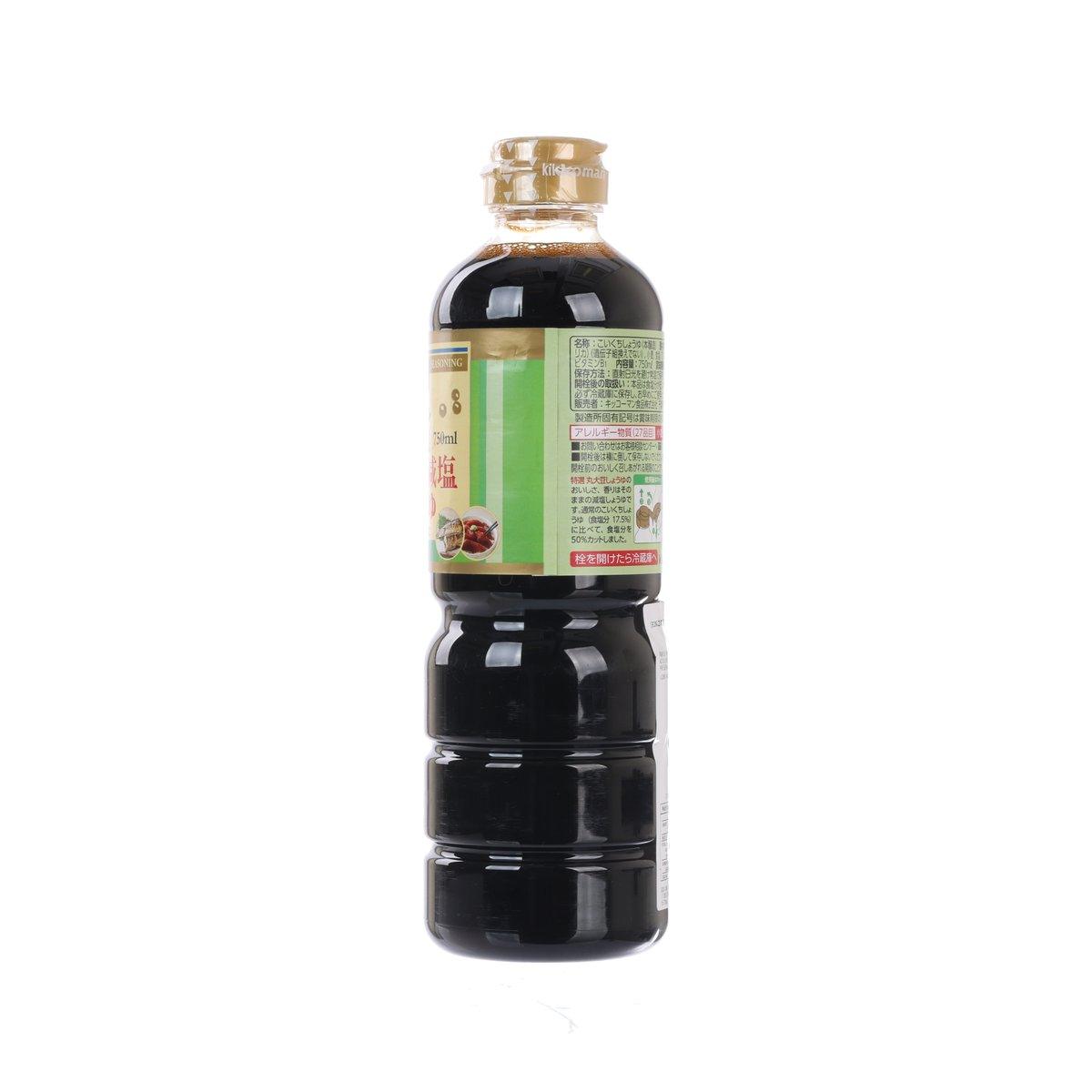 KIKKOMAN reduced-salt soy sauce bottle, 750 mL, back label facing