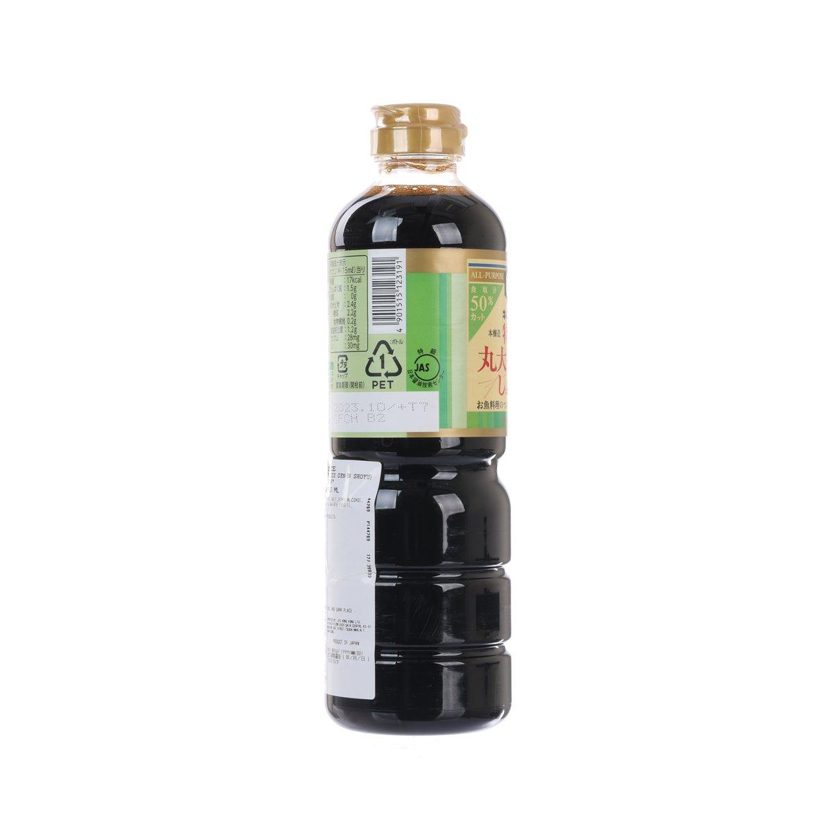 KIKKOMAN reduced-salt soy sauce bottle, 750 mL, barcode and label side view