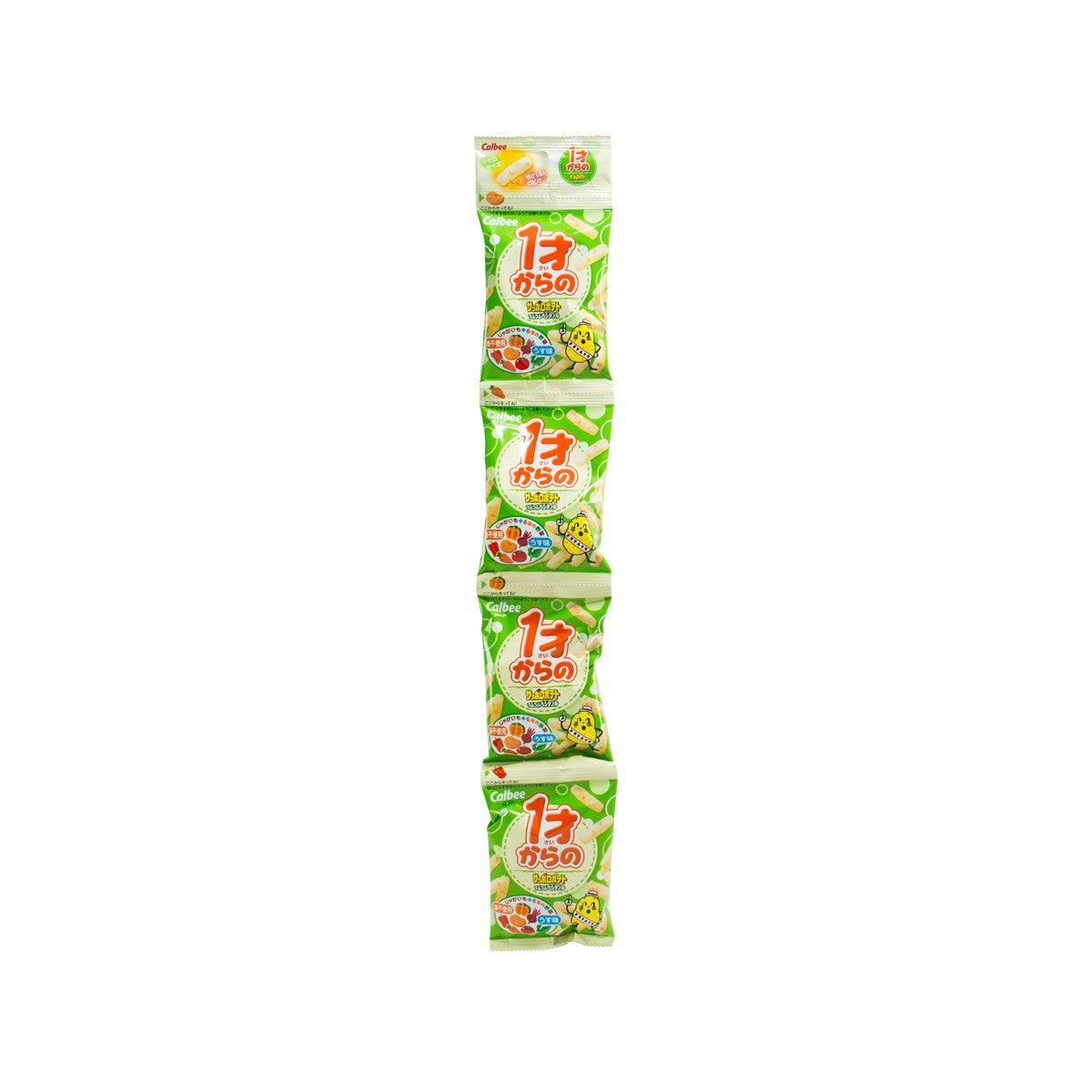 CALBEE vegetable potato snack bags, multiple packs shown, colorful front labels