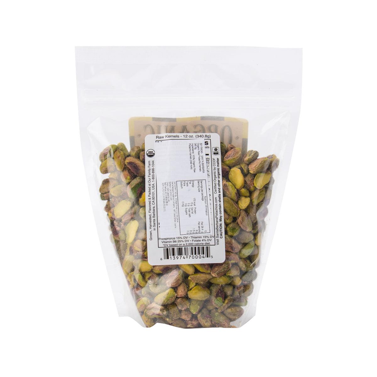 SANTA BARBARA organic raw pistachio kernels bag, back with nutrition label