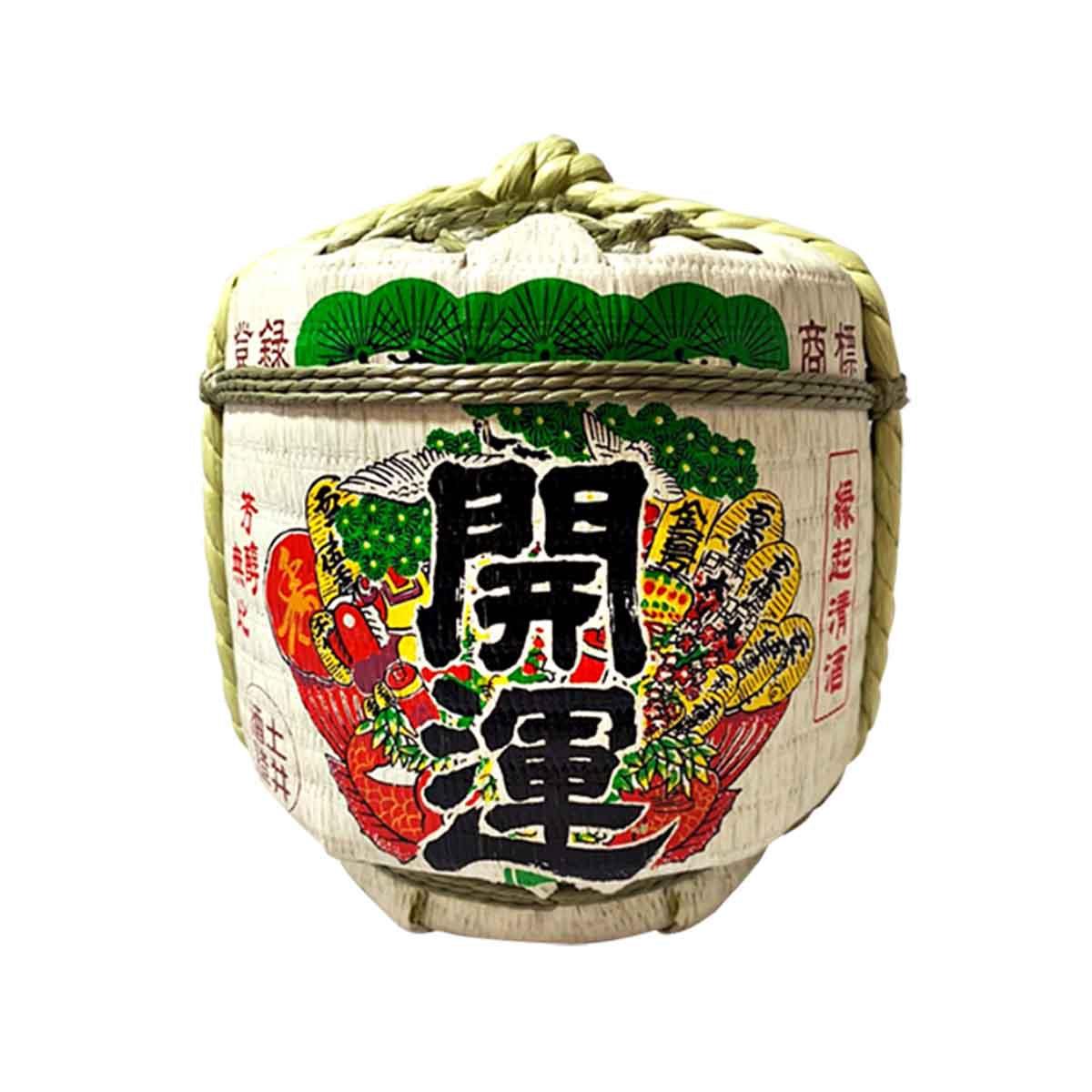 Decorative Japanese sake barrel bag, woven fabric with colorful calligraphy print