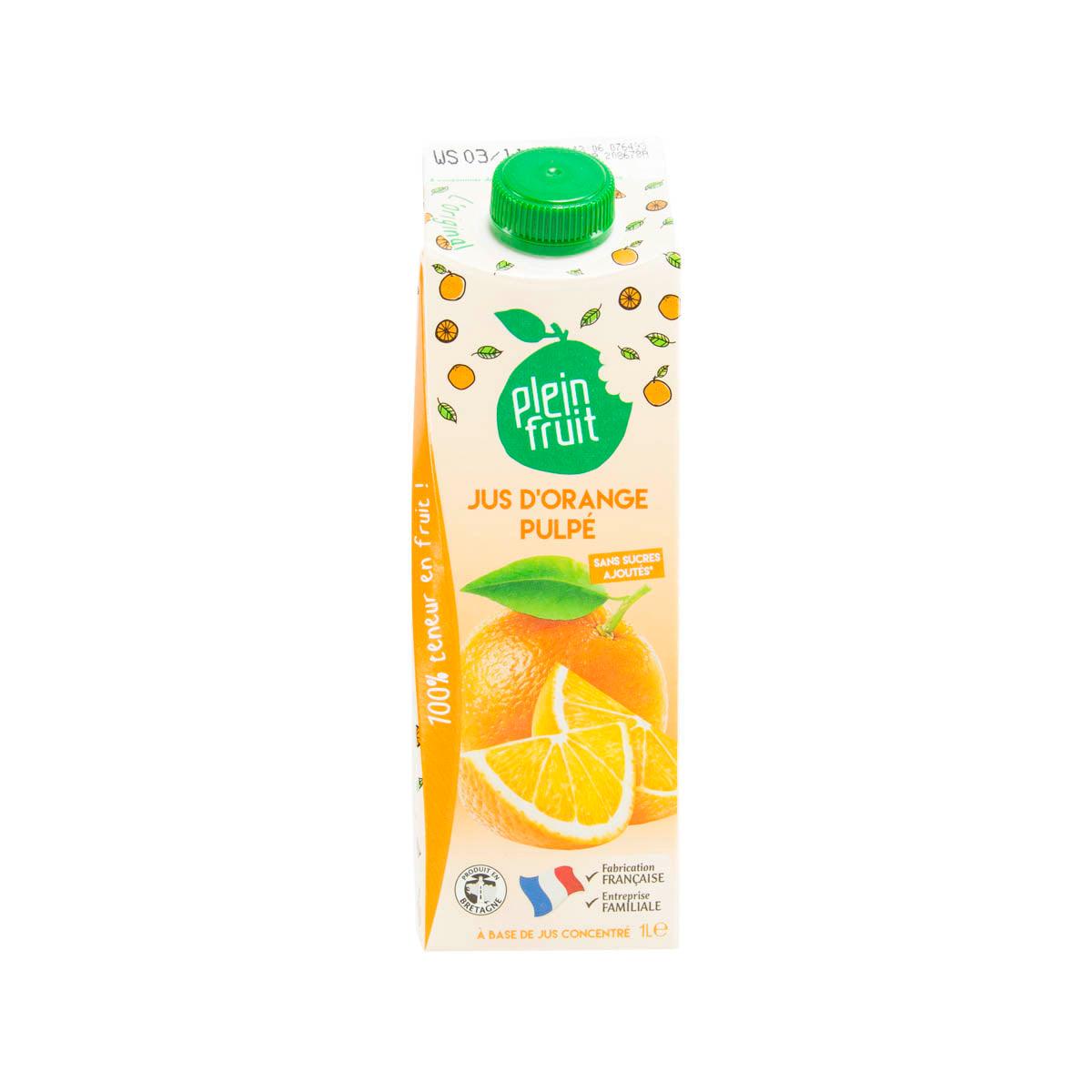 Orange juice carton with pulp, 1L, PLEIN FRUIT, green cap
