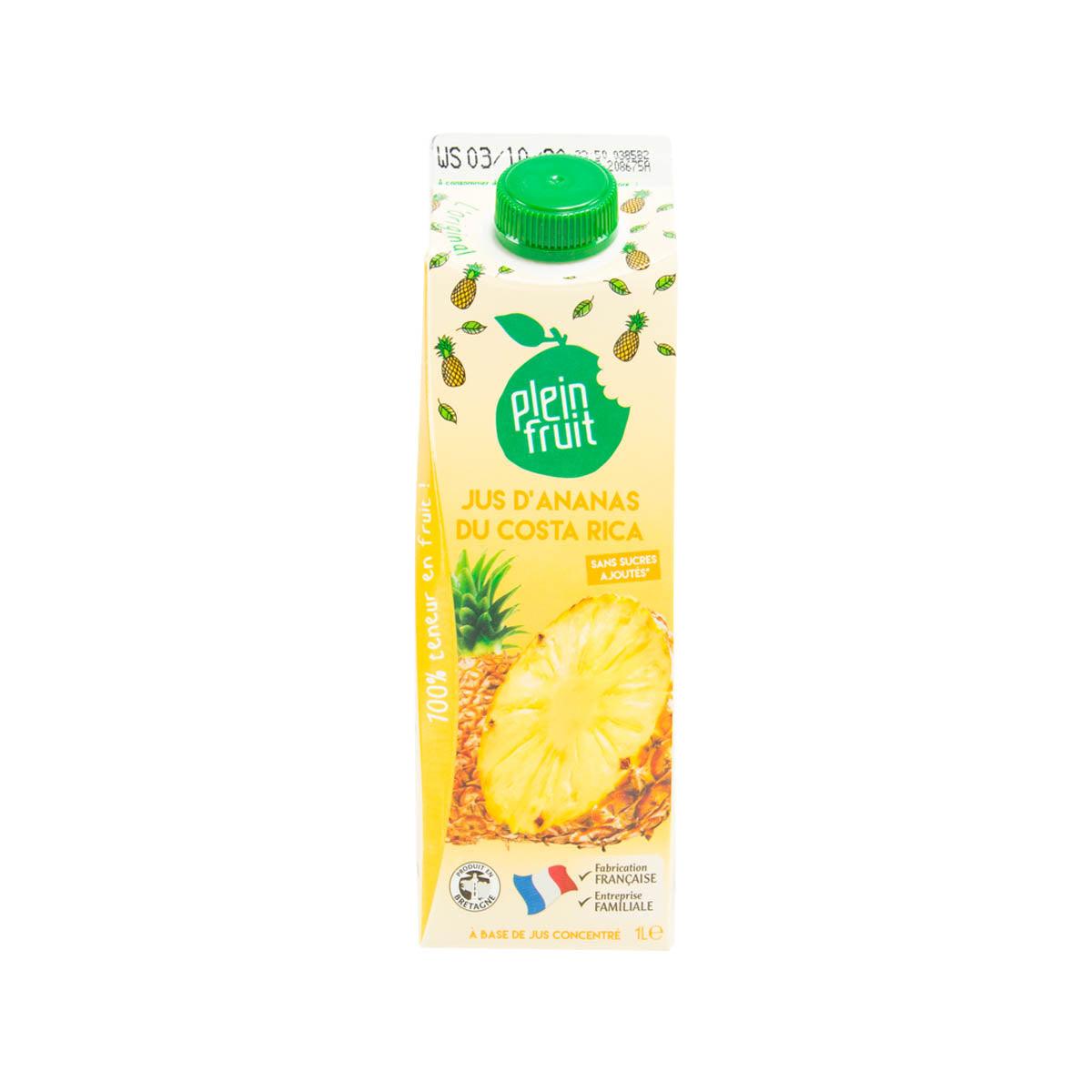 PLEIN FRUIT pineapple juice carton, 1L, with green cap and fruit graphics