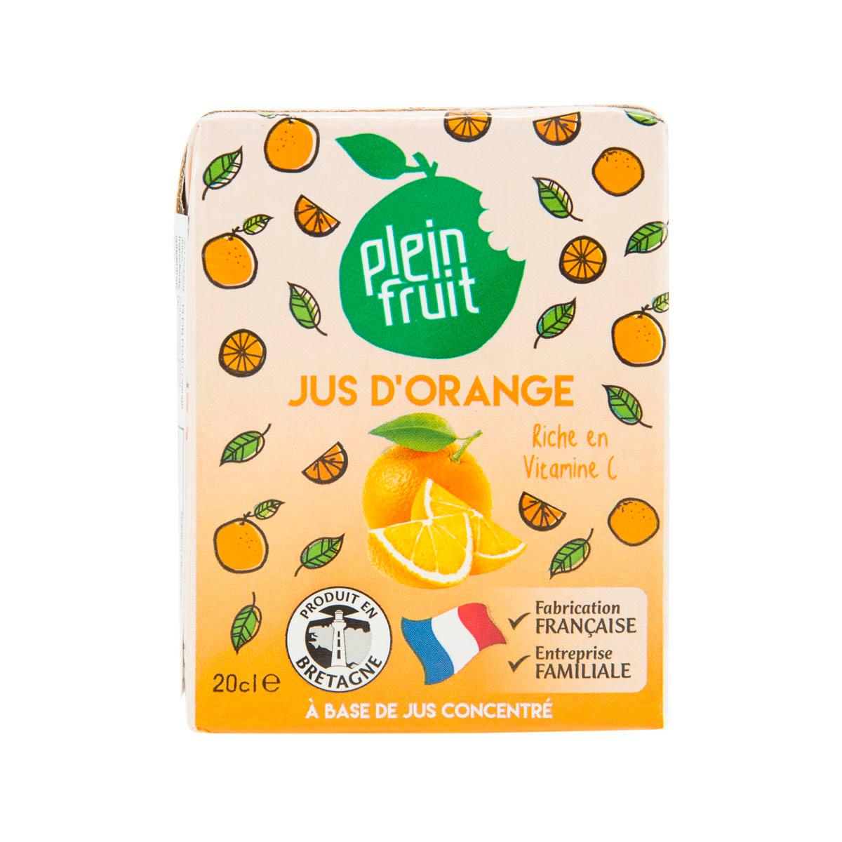 Orange juice carton, Plein Fruit Jus d’Orange, 200 mL, front fruit illustration