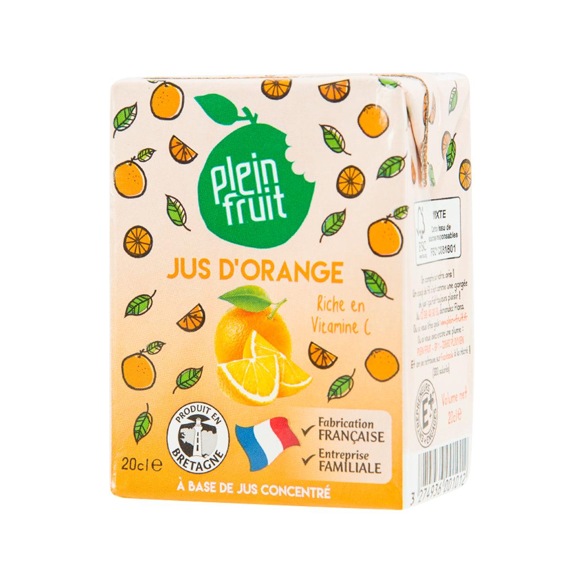 Orange juice carton, Plein Fruit, 200 mL, side label with barcode and icons