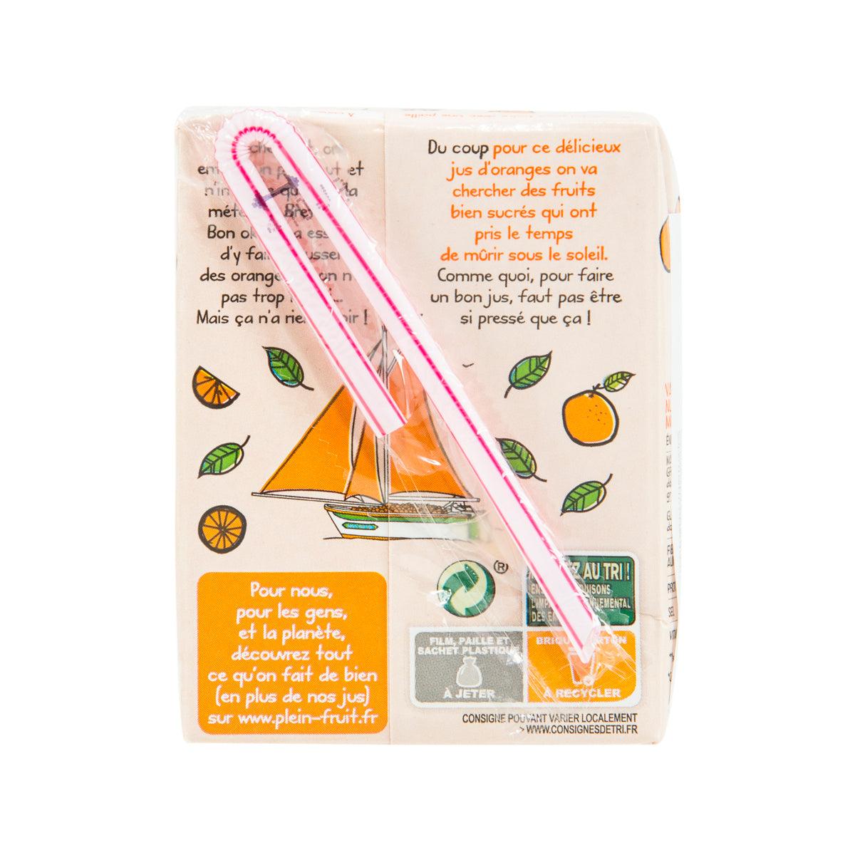 Orange juice carton, Plein Fruit, 200 mL, back panel with serving instructions