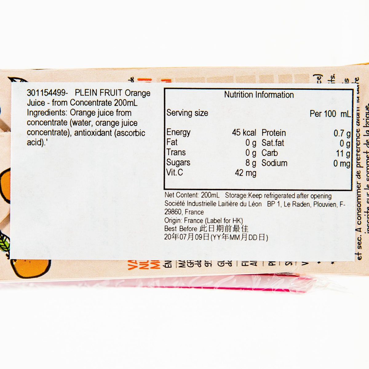 Orange juice carton, Plein Fruit 200 mL, nutrition facts panel with serving size
