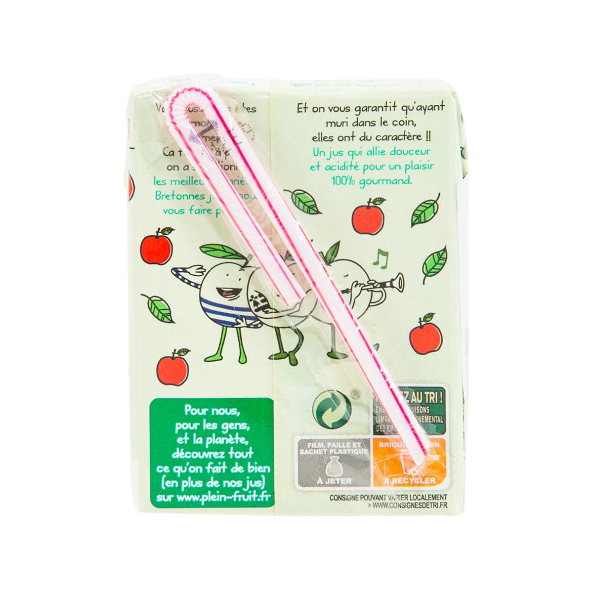 PLEIN FRUIT apple juice carton back, character illustration and label messaging