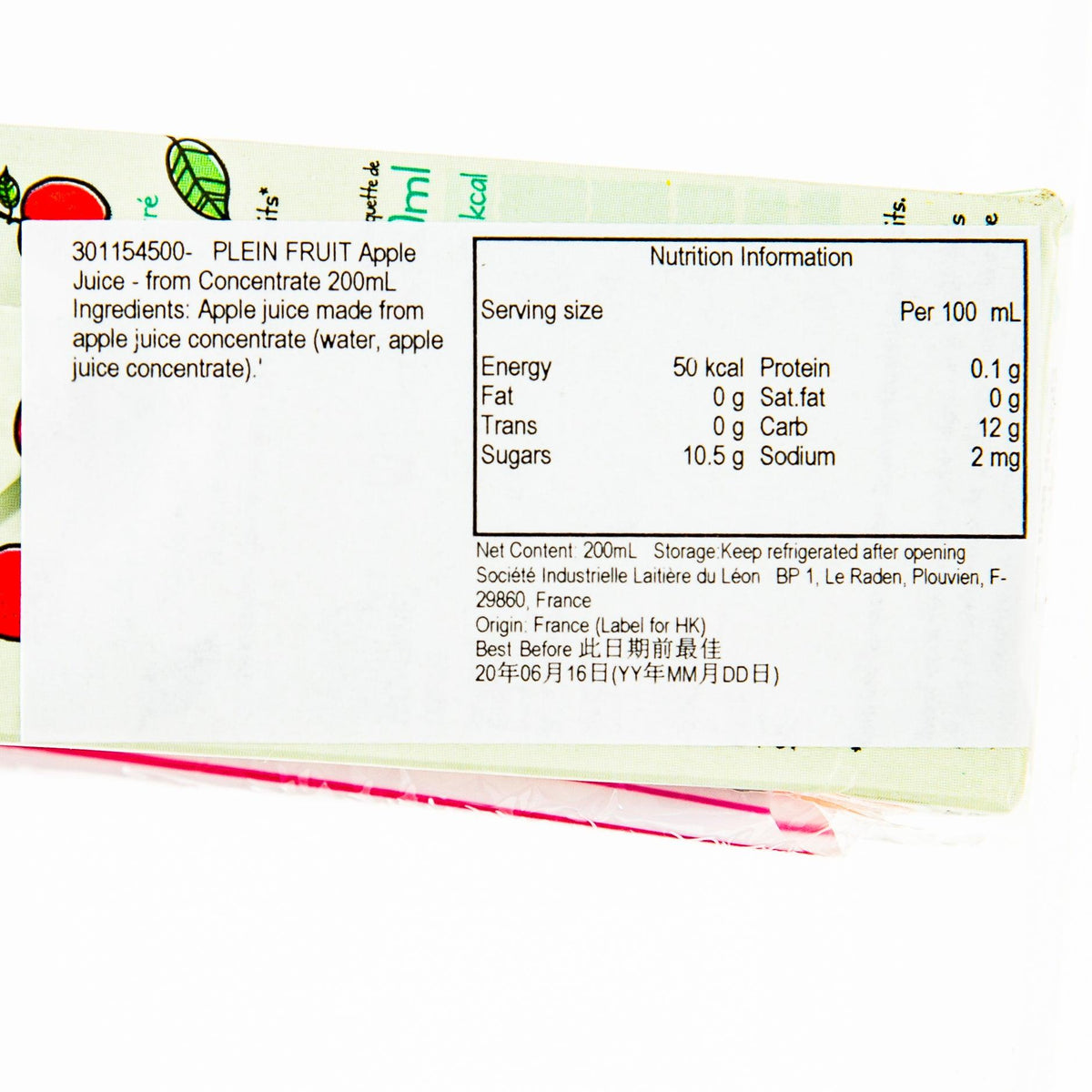 PLEIN FRUIT apple juice carton, nutrition information panel on back