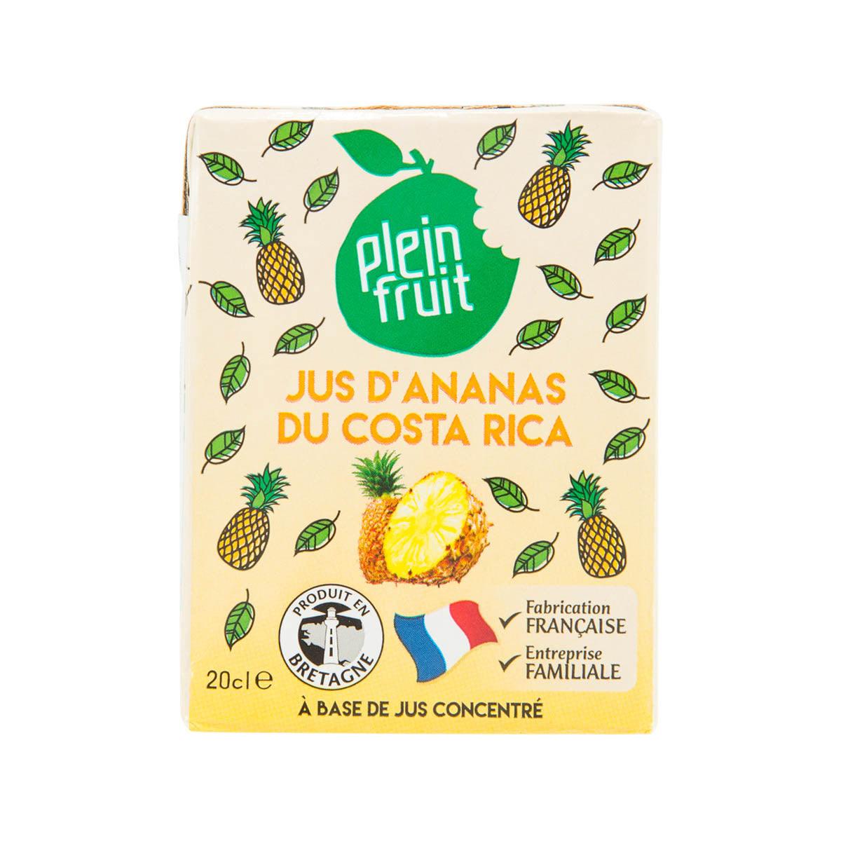 Pineapple juice concentrate carton by PLEIN FRUIT with pineapple graphics and green fruit logo