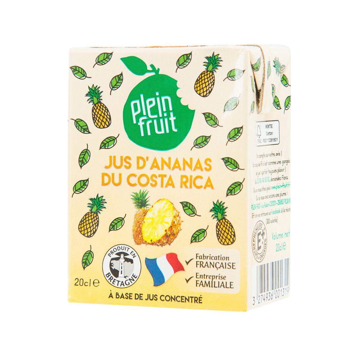 Pineapple juice concentrate carton by PLEIN FRUIT, angled back with barcode and Costa Rica text