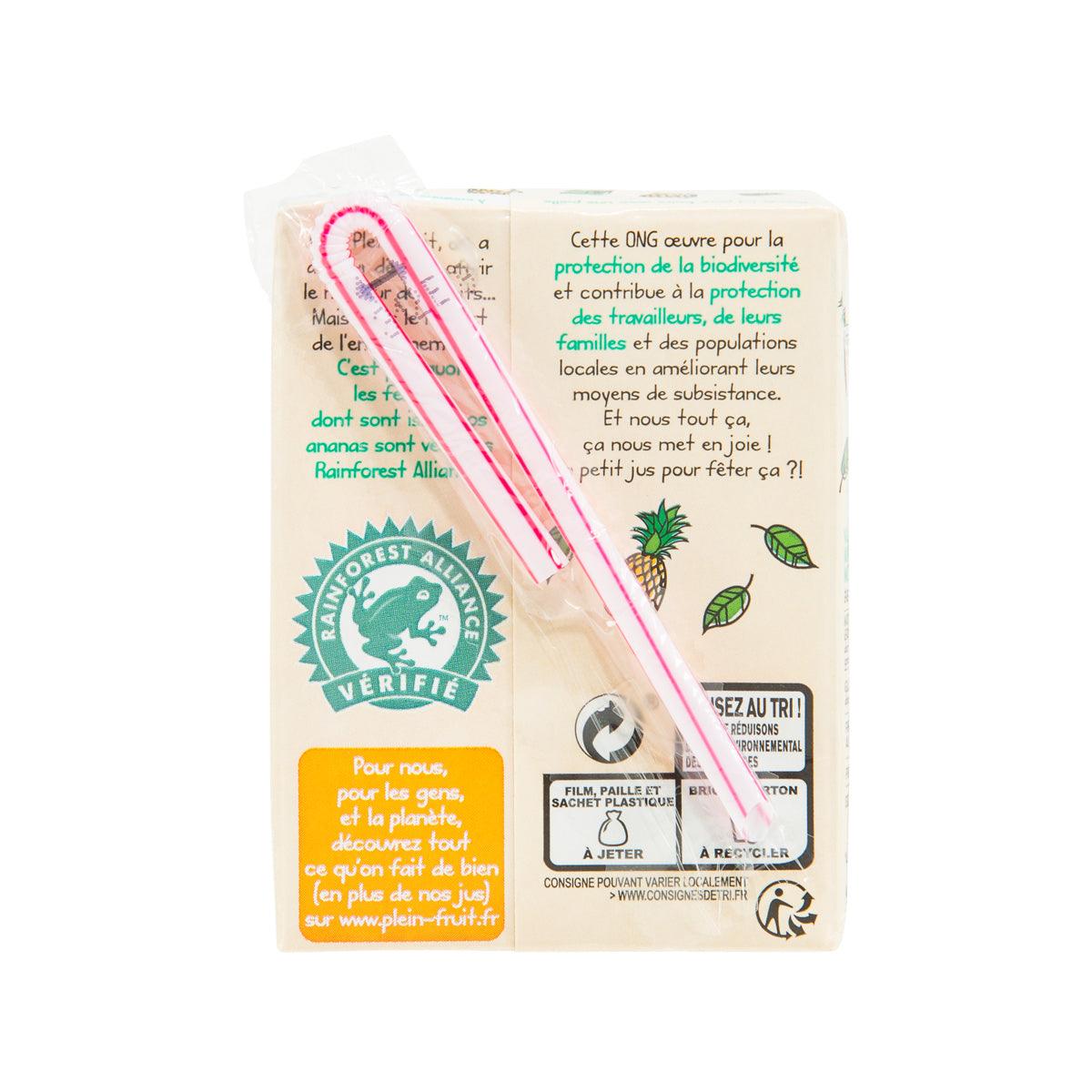 Pineapple juice concentrate carton by PLEIN FRUIT, back panel with seal and eco icons