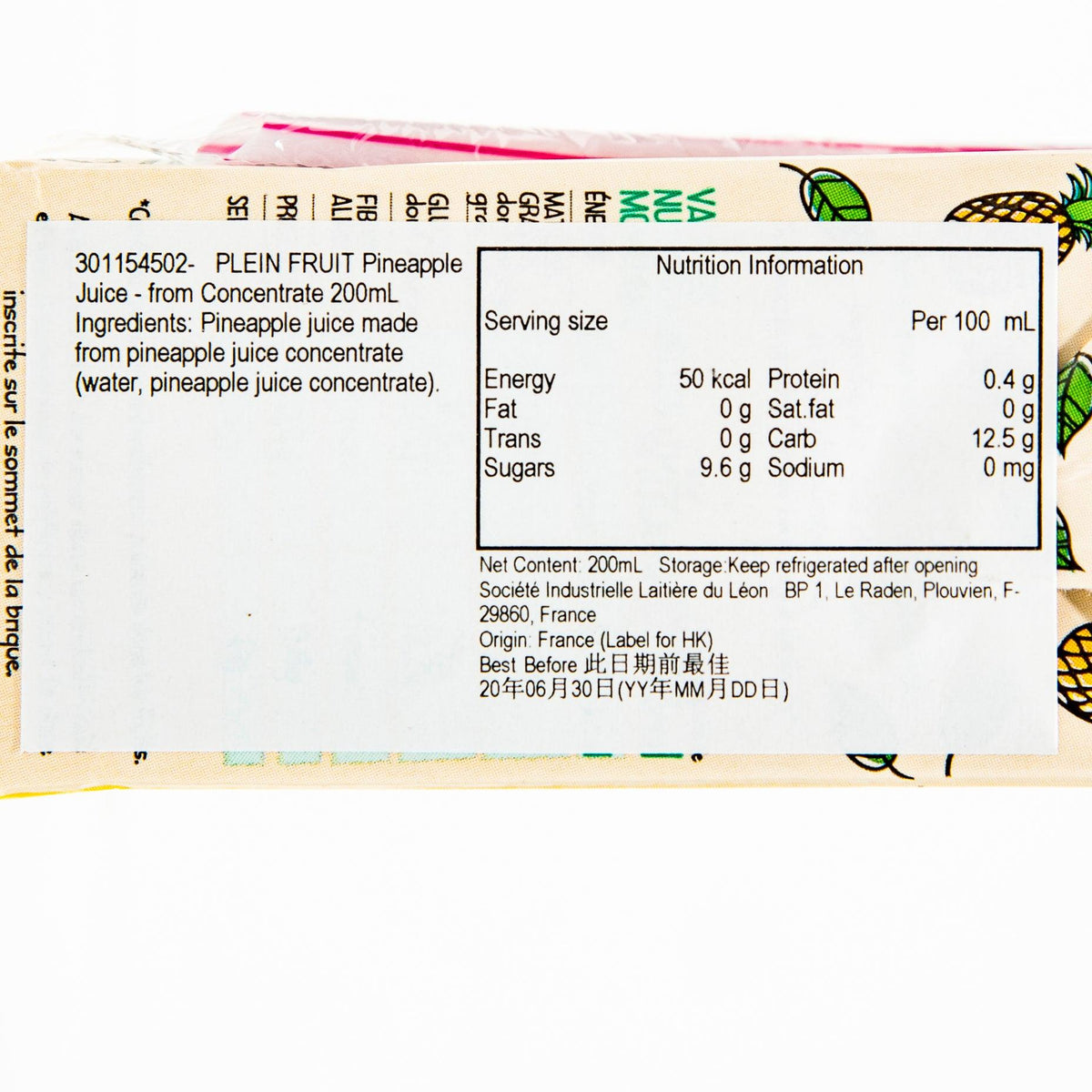Pineapple juice concentrate carton by PLEIN FRUIT, nutrition facts panel with serving details