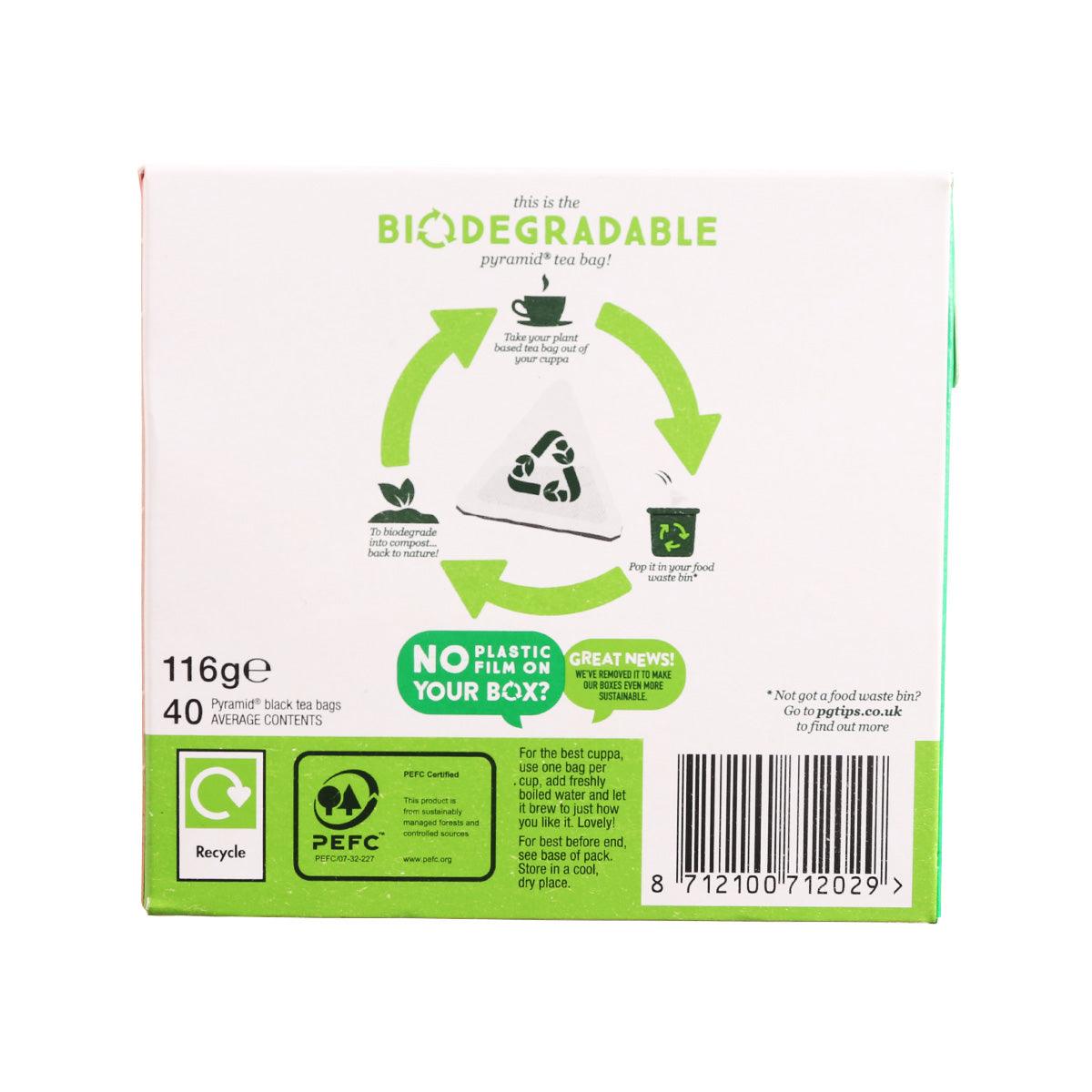 PG Tips pyramid teabags carton back, 116g, 40 black tea bags, recycling icons