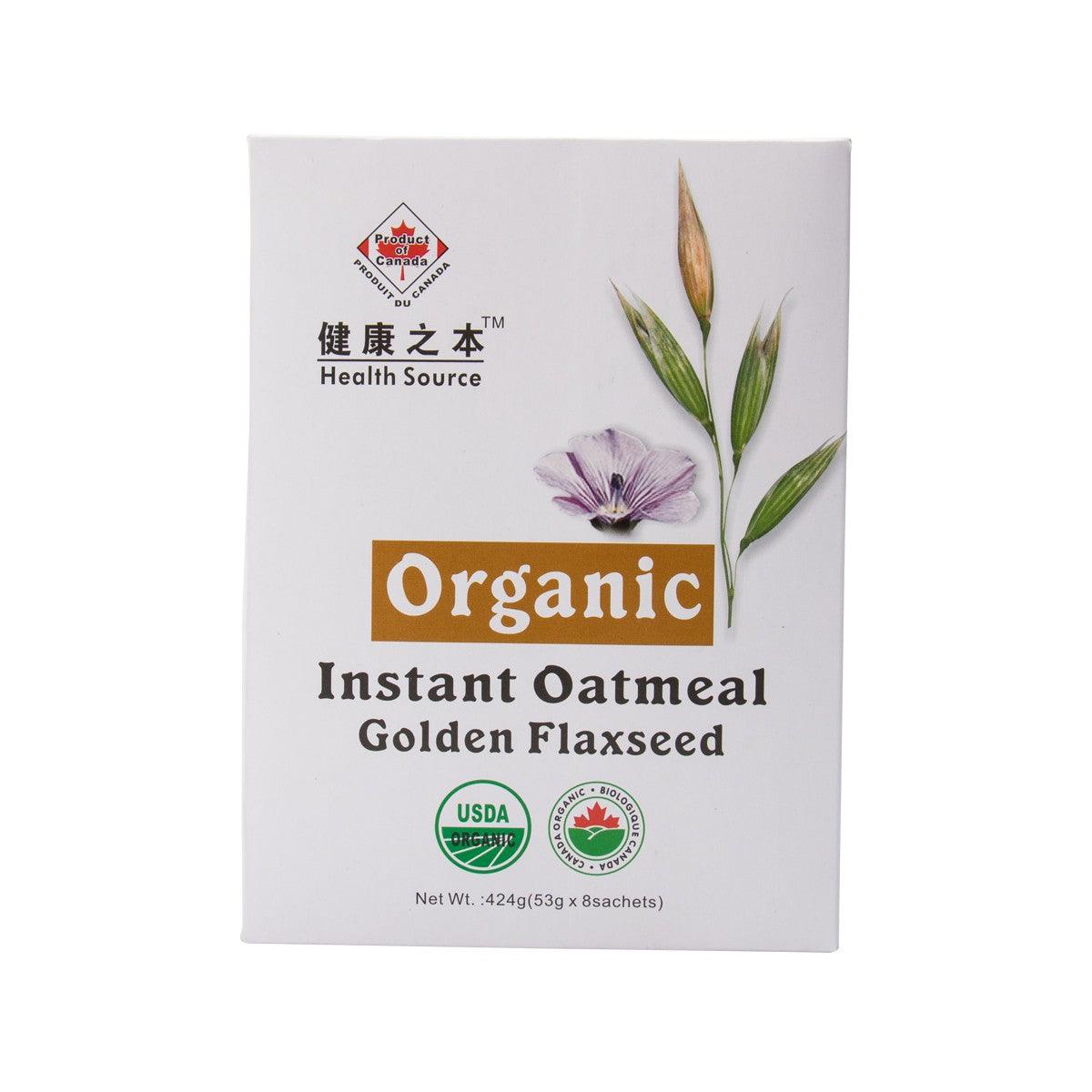 Organic instant oatmeal Golden Flaxseed package, front label with USDA badge and 424g