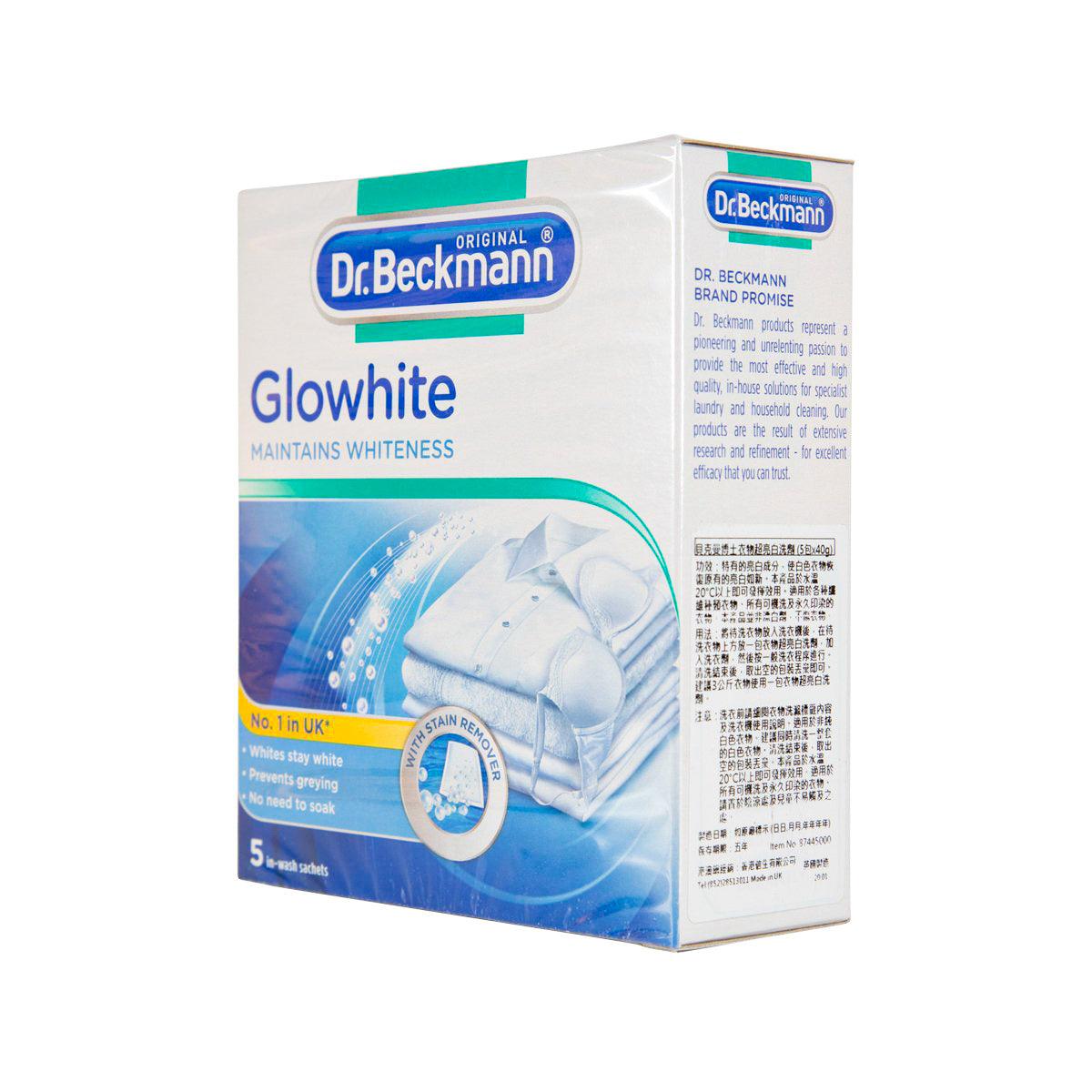 Dr.Beckmann Glowhite laundry stain remover box, angled view with side panel