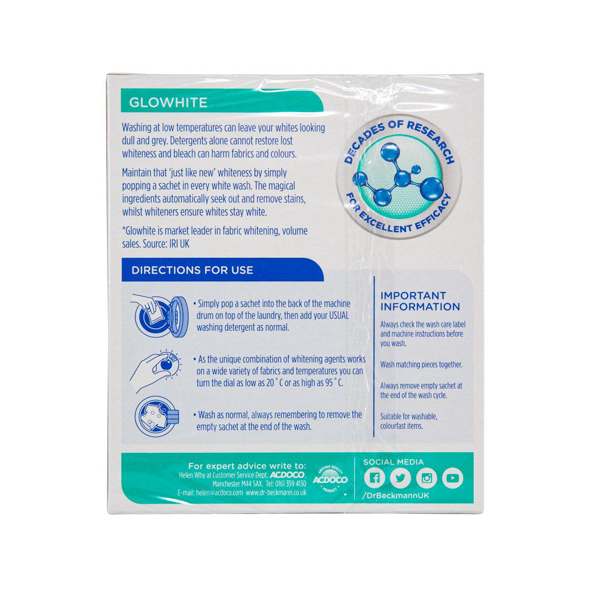 Dr.Beckmann Glowhite laundry stain remover box back with usage directions