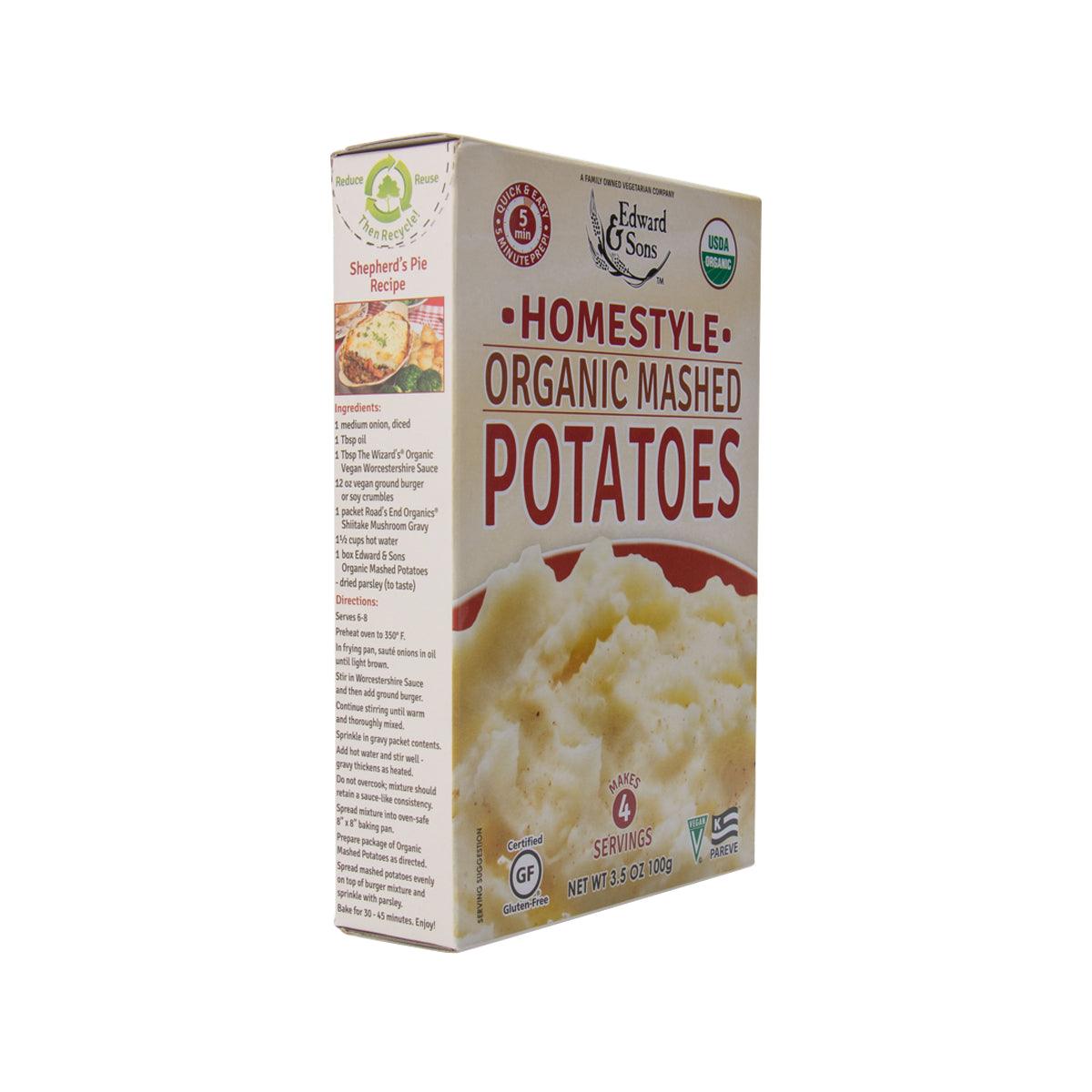 Homestyle organic mashed potatoes box, side panel with ingredient and cooking info