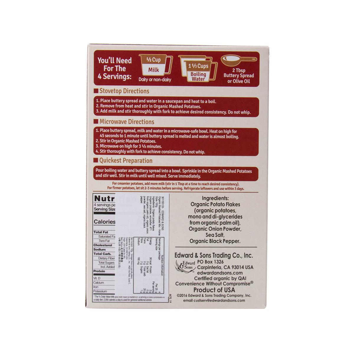 Homestyle organic mashed potatoes mix box back with cooking instructions and nutrition table