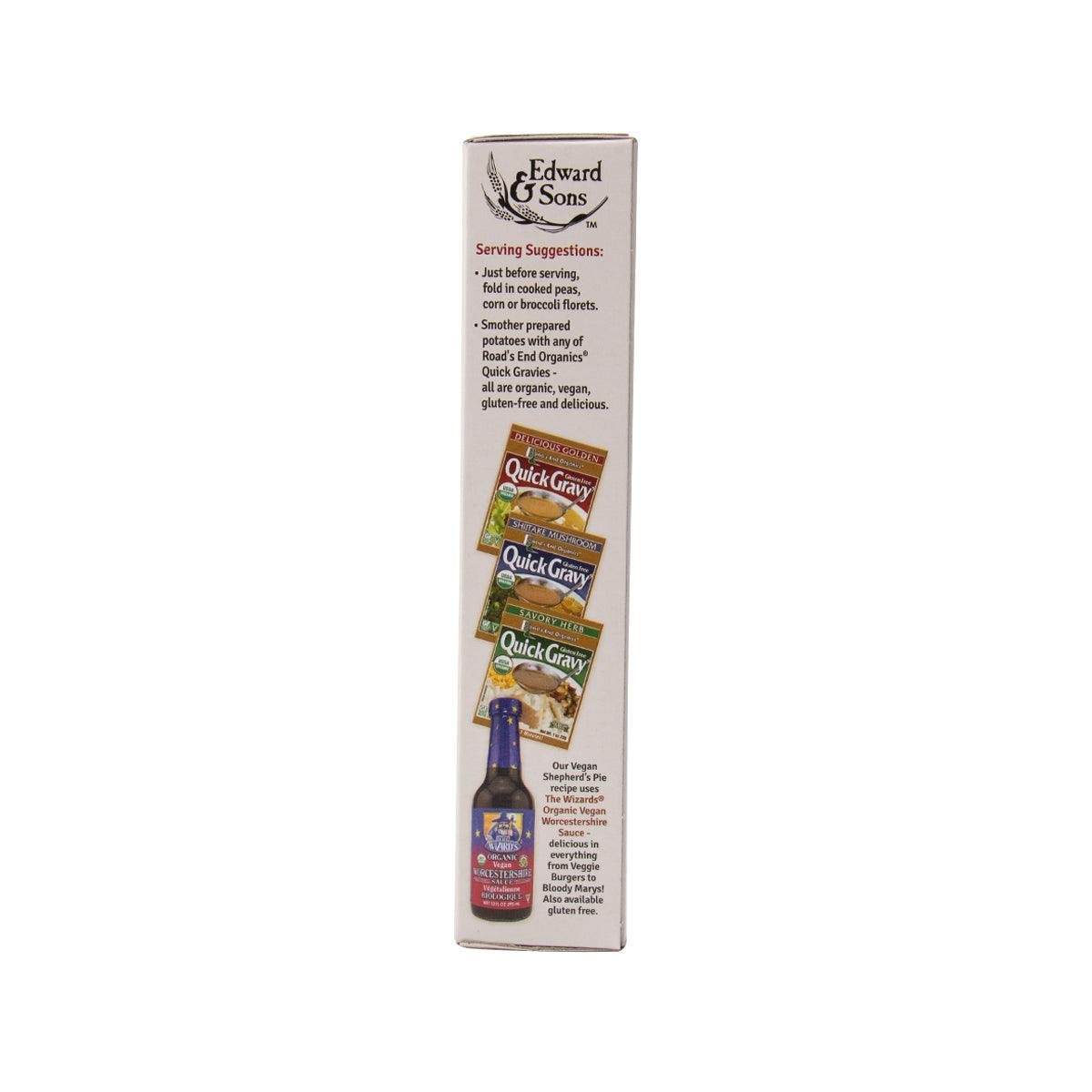 Organic mashed potatoes mix box side with serving suggestions and quick gravy labels