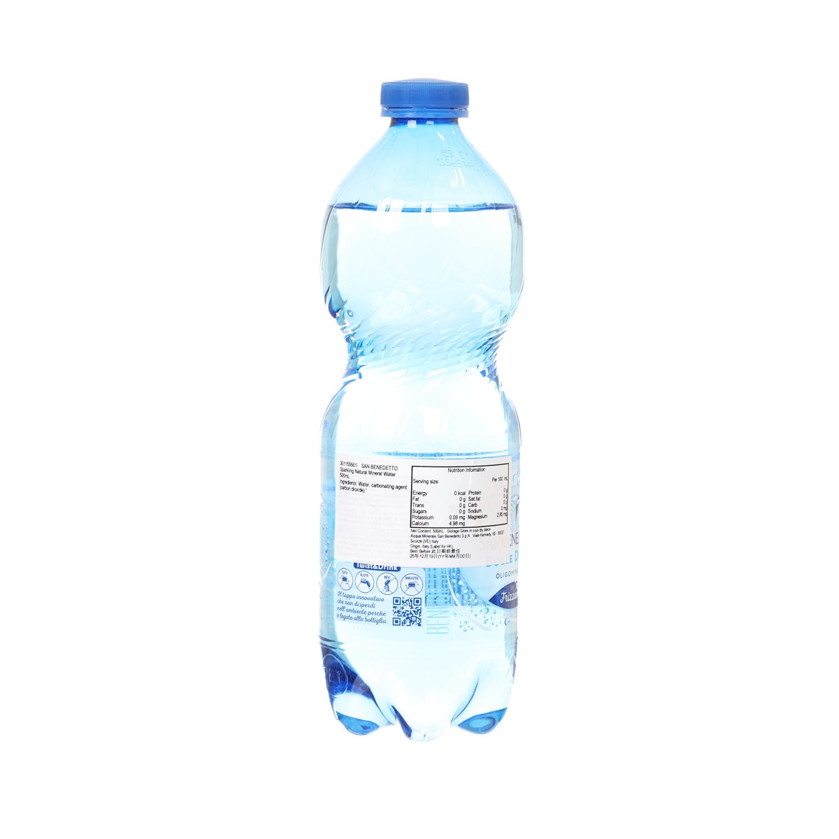 500 mL sparkling mineral water bottle, blue cap, back label with details