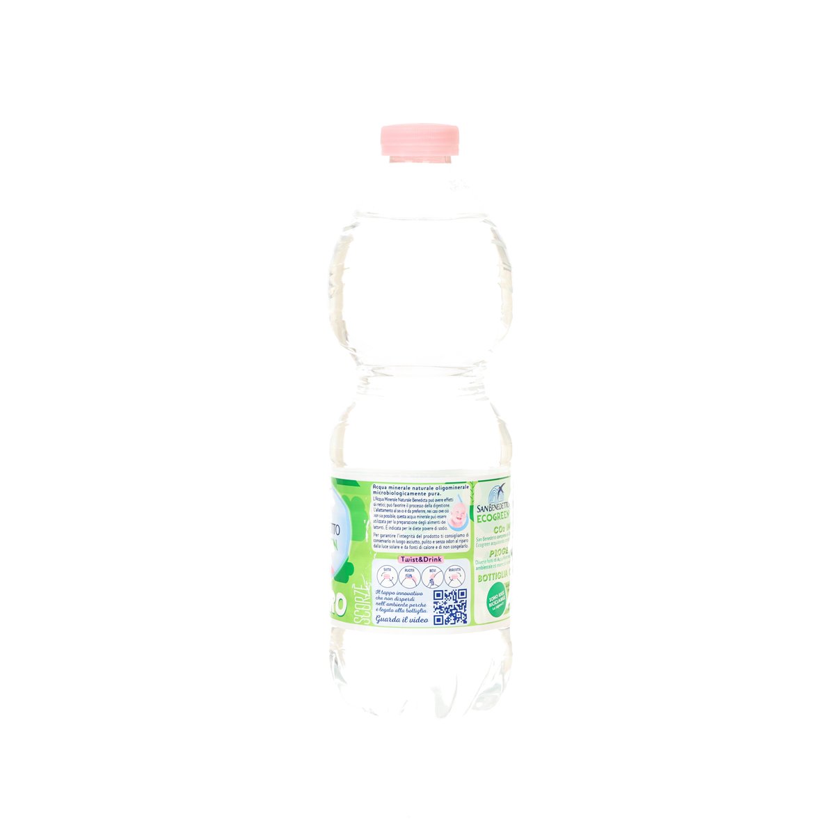 SAN BENEDETTO EcoGreen still mineral water bottle, back label with QR and icons