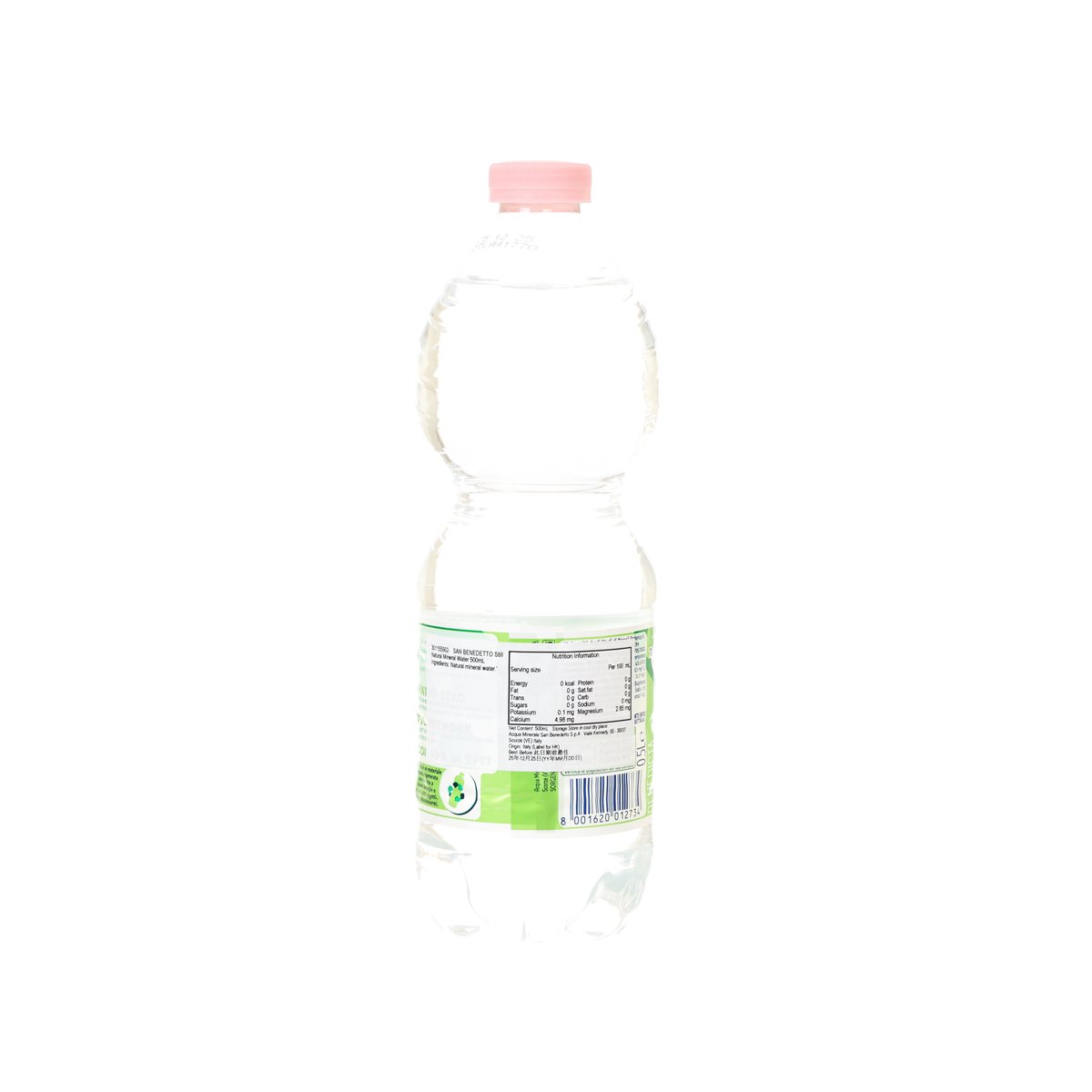 SAN BENEDETTO EcoGreen still mineral water bottle, label with barcode and details
