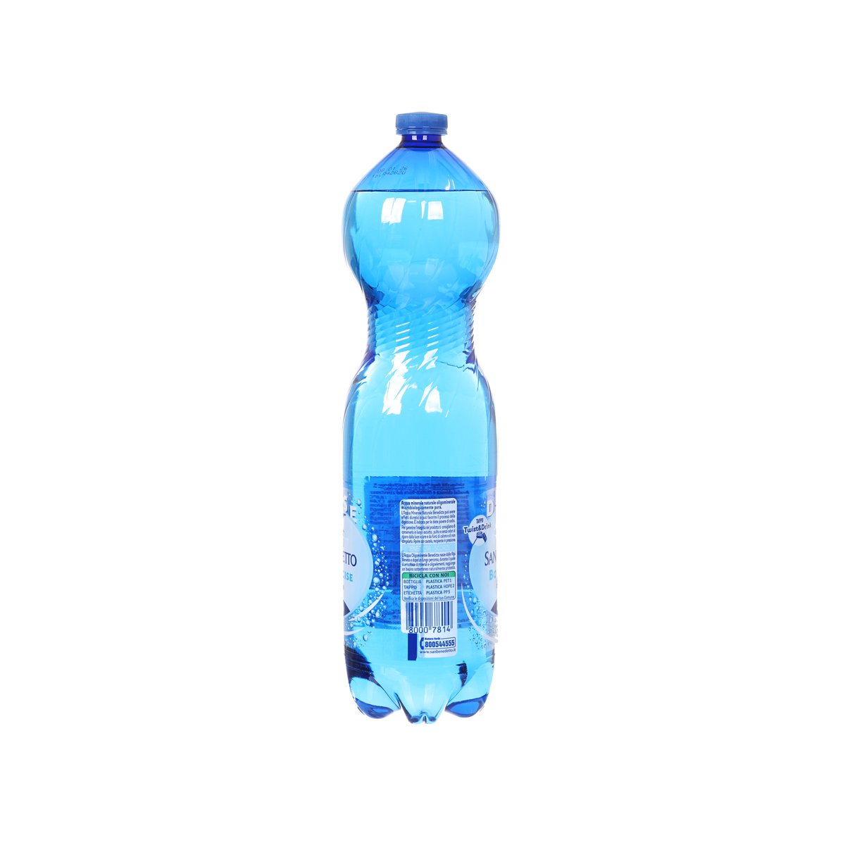 SAN BENEDETTO sparkling mineral water 1.5L plastic bottle, back label view