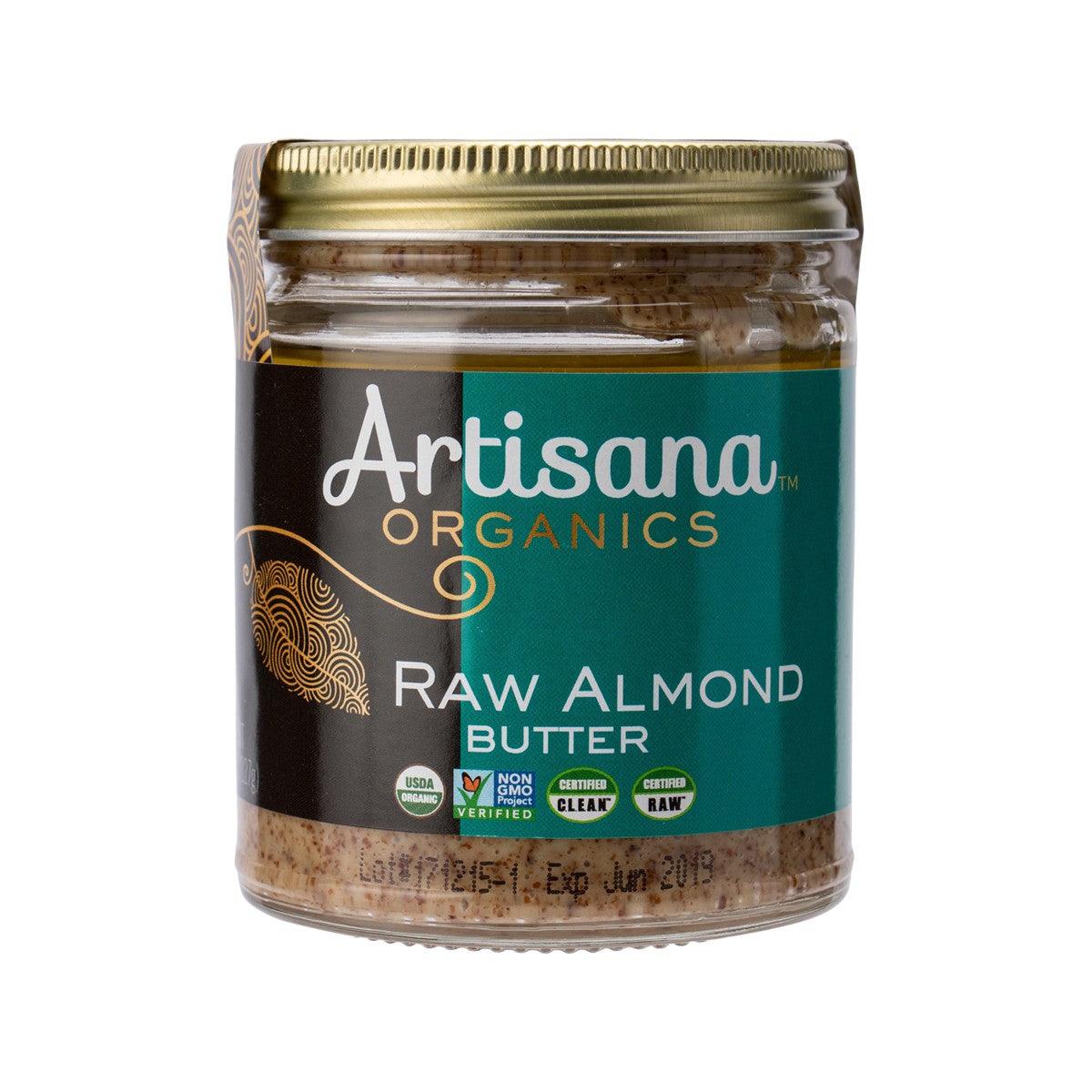 ARTISANA Organic Raw Almond Butter jar, front label with net weight 227g.
