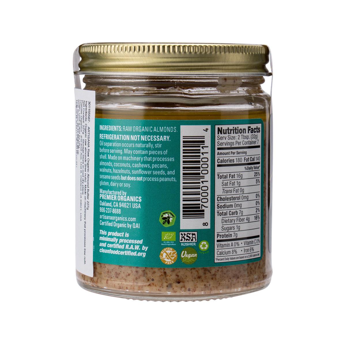 ARTISANA Organic Raw Almond Butter jar, back label with nutrition facts panel.